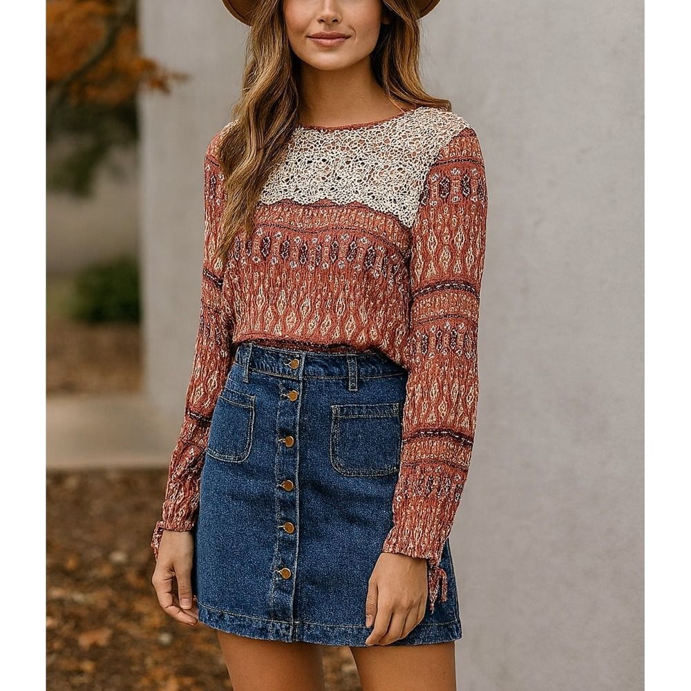 Hem & Thread Crochet Lace Red 100% Rayon Long Sleeve Top sz L Boho Cottagecore